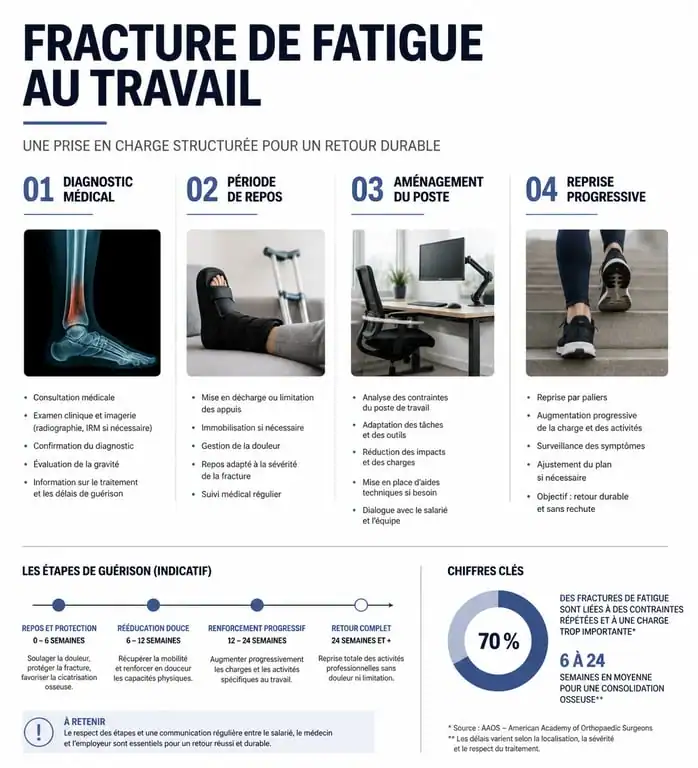 Infographie sur la gestion professionnelle d'une fracture de fatigue et les étapes de reprise du travail
