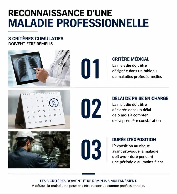 Infographie des critères de reconnaissance d'une discopathie en maladie professionnelle selon les tableaux 97 et 98