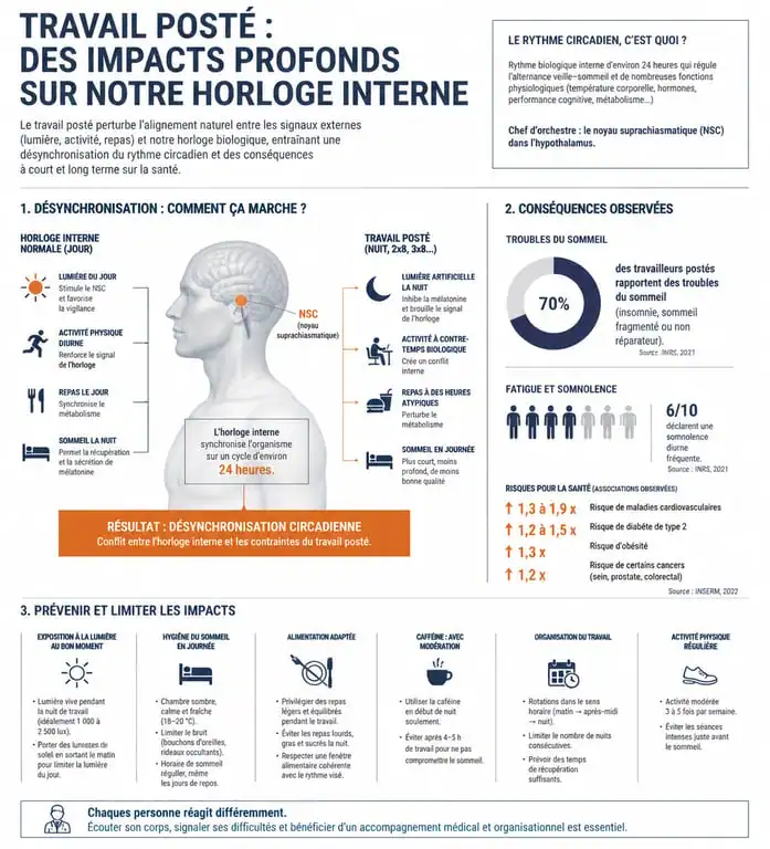 Infographie sur les impacts du travail posté sur la santé et le rythme circadien