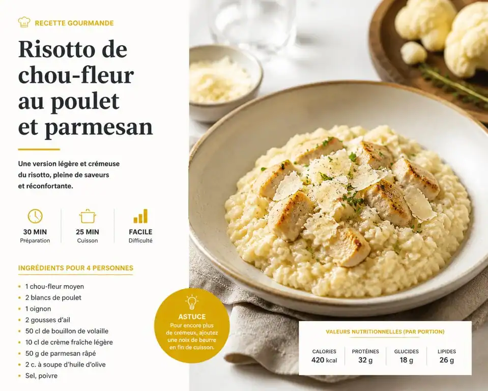 Risotto de chou-fleur au poulet et parmesan, plat sain pauvre en glucides