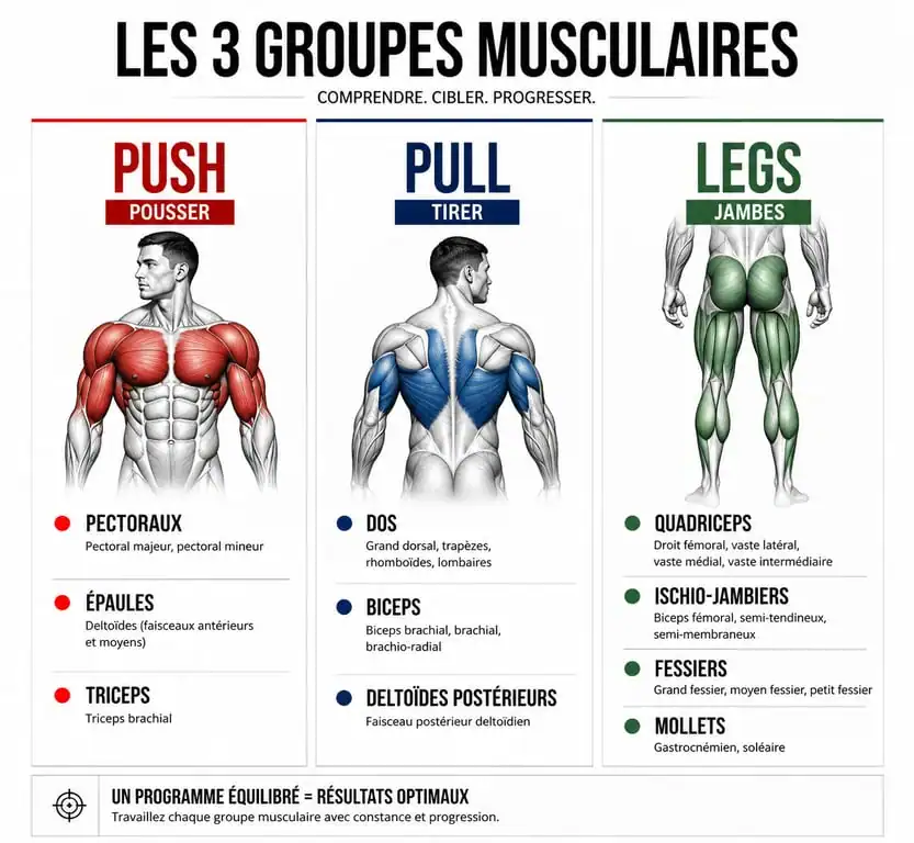 Répartition des groupes musculaires pour le programme Push Pull Legs