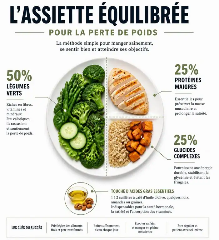 Infographie de l'assiette équilibrée pour perdre du poids sainement