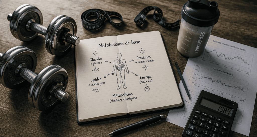 métabolisme et musculation sur bureau sportif avec haltères et carnet