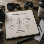 métabolisme et musculation sur bureau sportif avec haltères et carnet