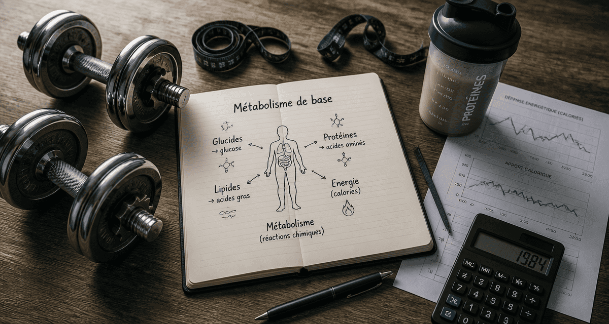 métabolisme et musculation sur bureau sportif avec haltères et carnet