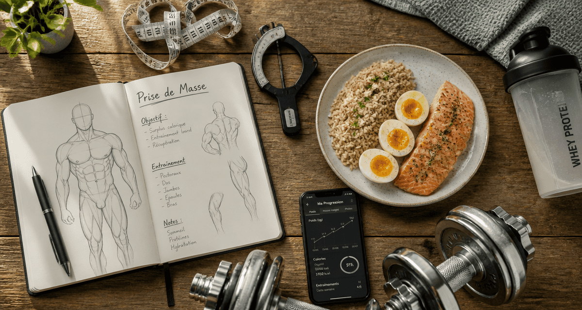 prise de masse musculaire avec repas et carnet d’entraînement