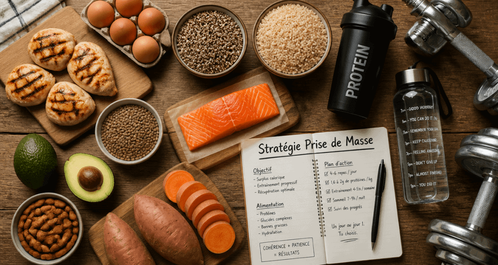 Prise de masse musculaire aliments sur table en bois