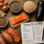 Prise de masse musculaire aliments sur table en bois