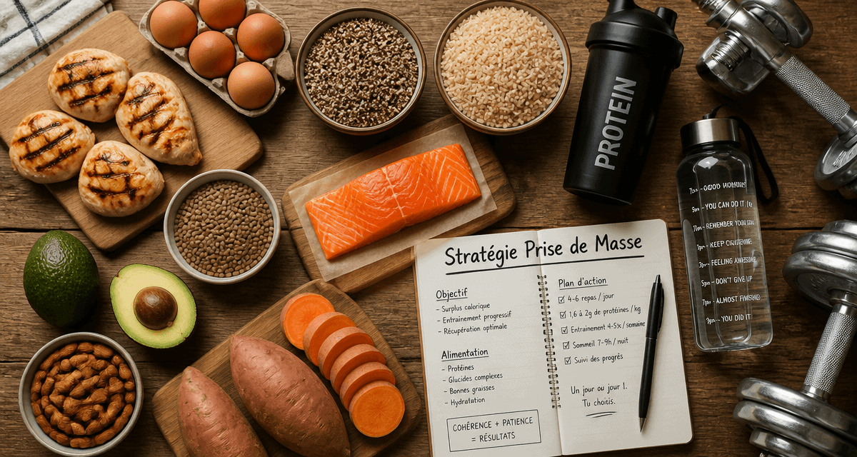 Prise de masse musculaire aliments sur table en bois