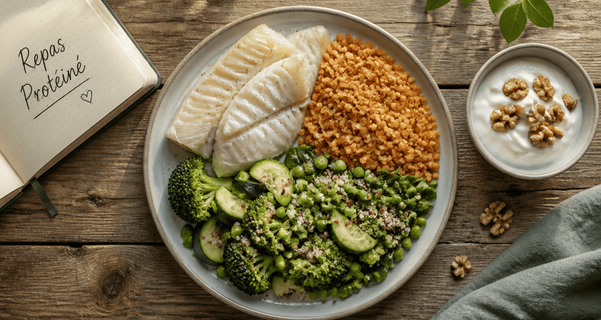 repas riche en proteine assiette cabillaud quinoa légumes