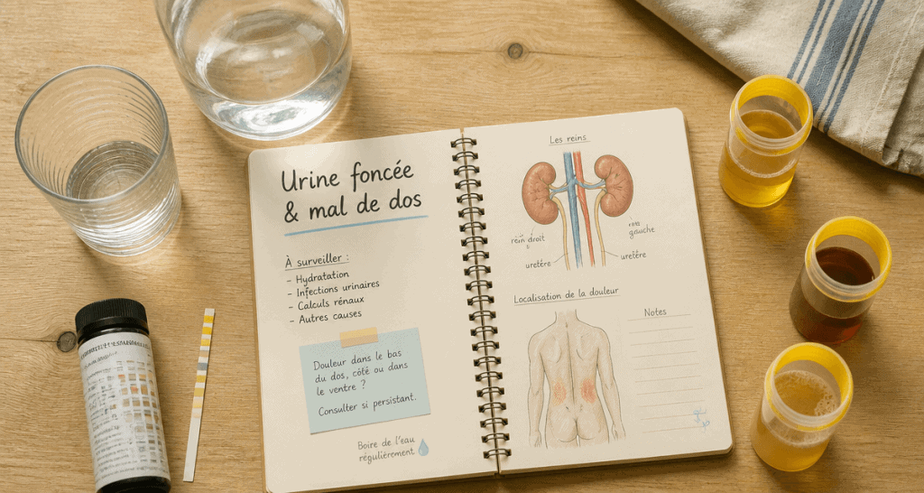 Urine foncée et mal de dos, tests et fioles sur table