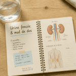 Urine foncée et mal de dos, tests et fioles sur table