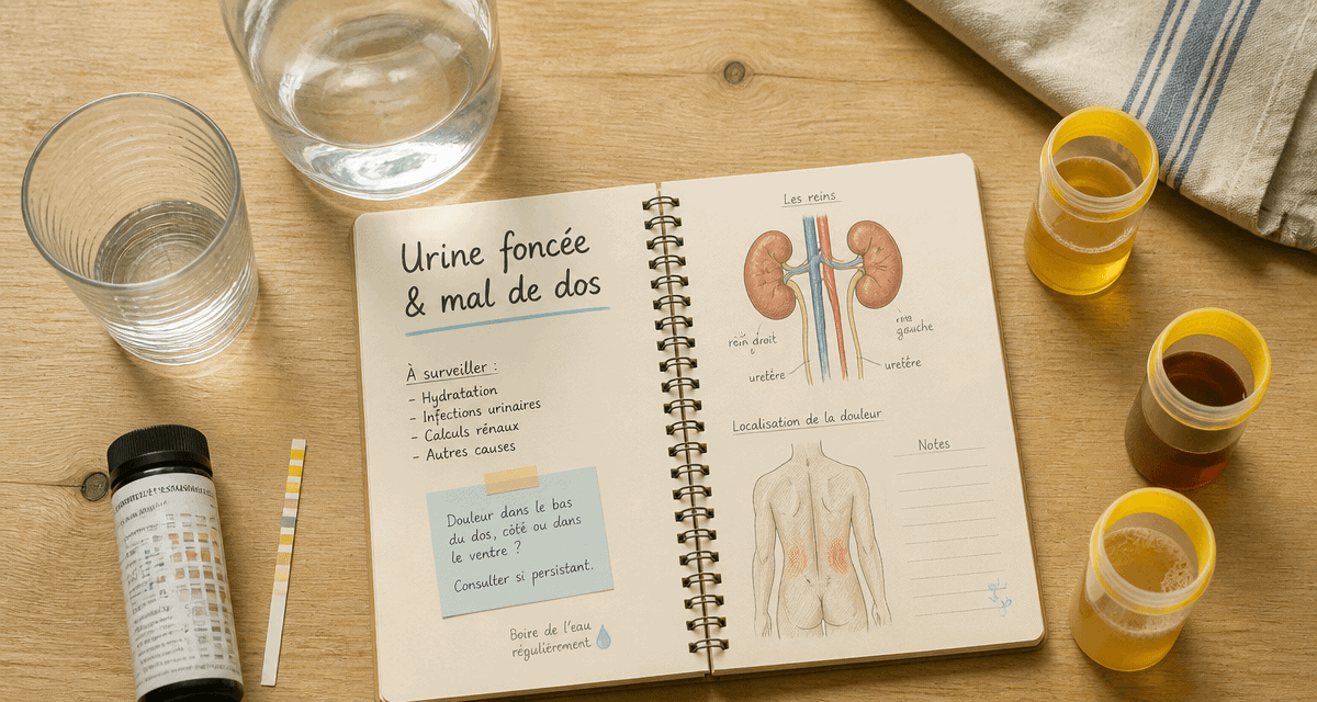 Urine foncée et mal de dos, tests et fioles sur table