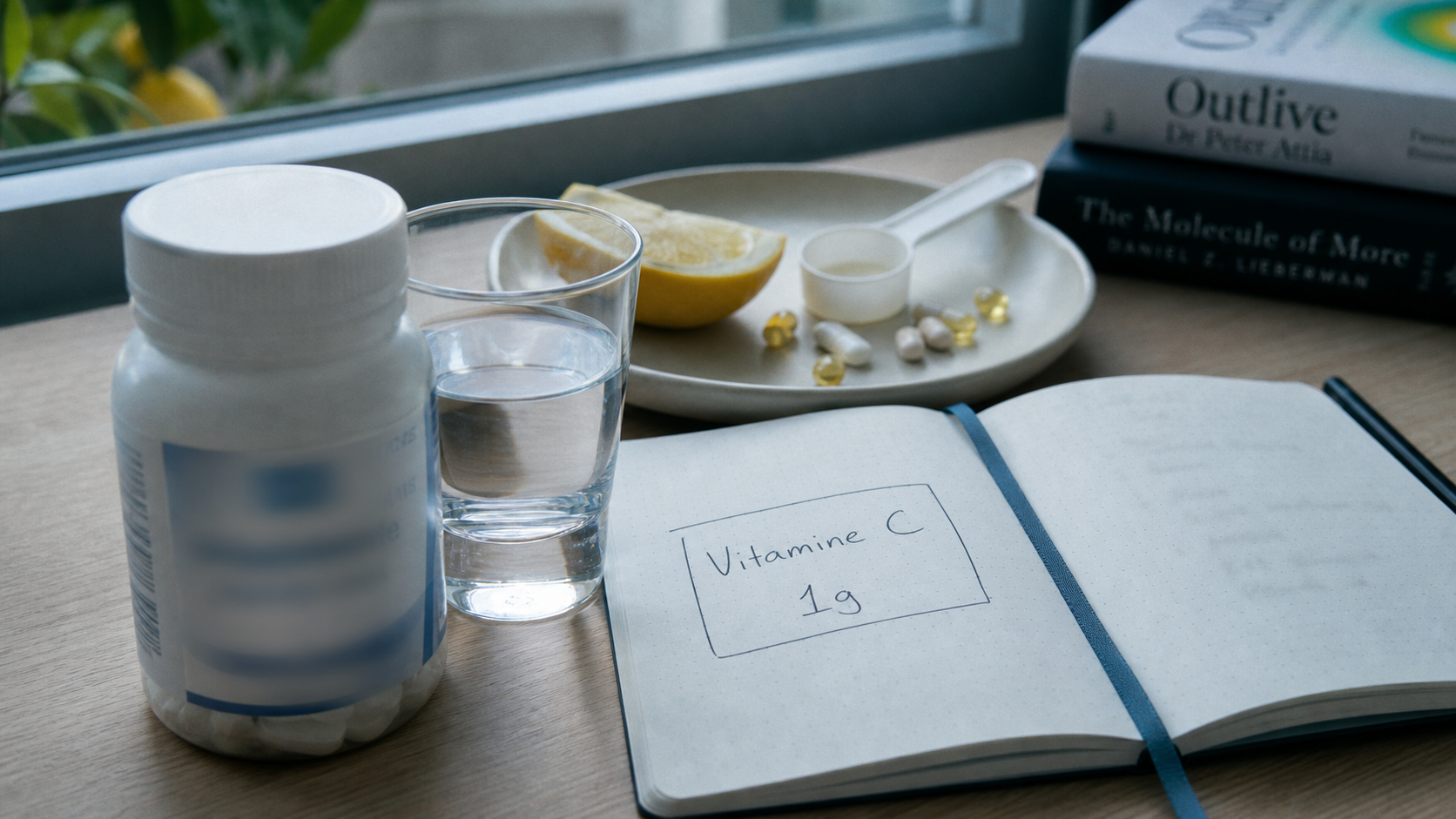 1g de vitamine c par jour, flacon et eau, citron, complément vitamine C