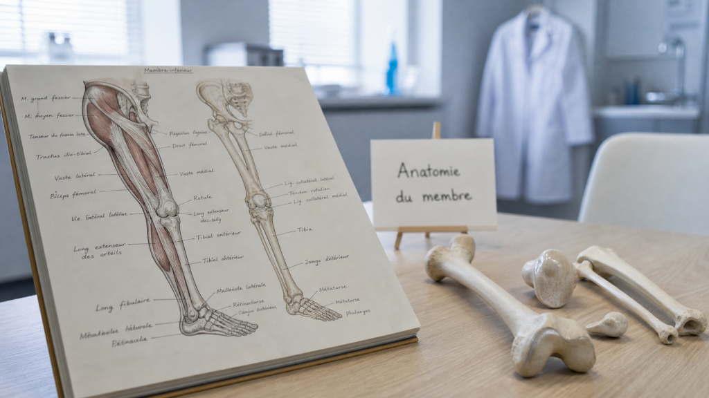 Schéma du membre inferieur du corps humain : glutéale, cuisse, genou, jambe, pied