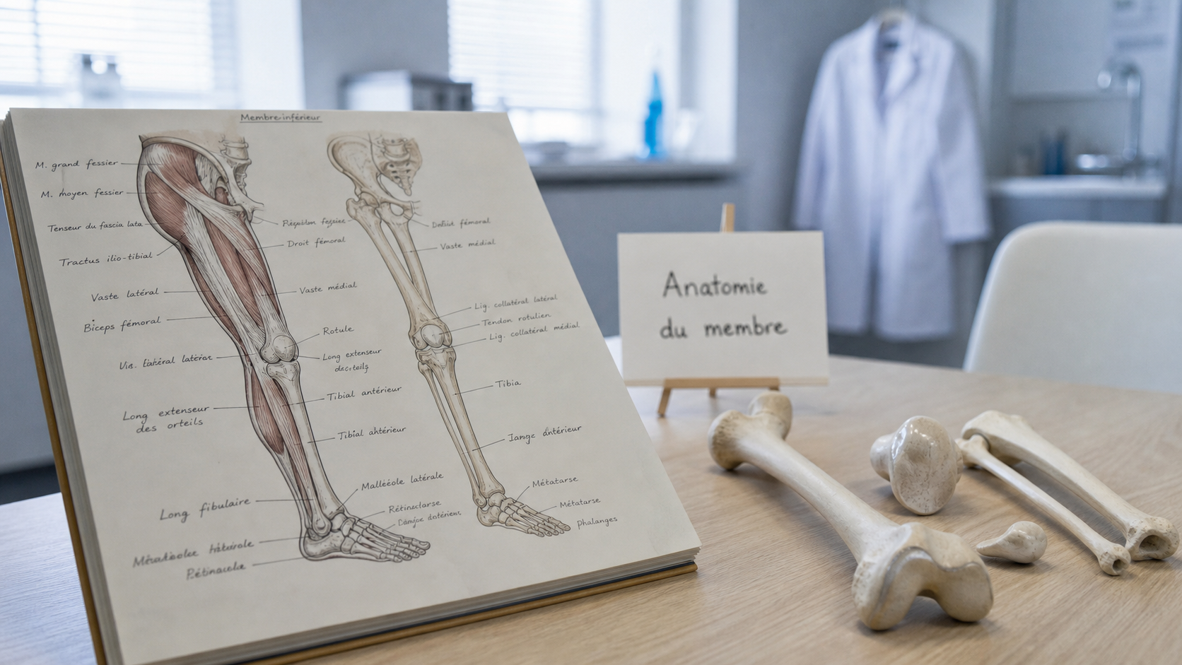 Schéma du membre inferieur du corps humain : glutéale, cuisse, genou, jambe, pied