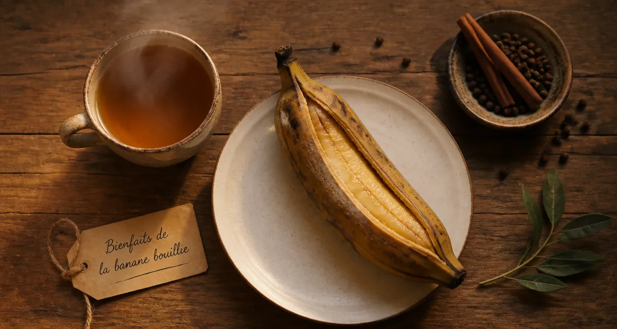 Banane bouillie bienfaits santé sur table rustique