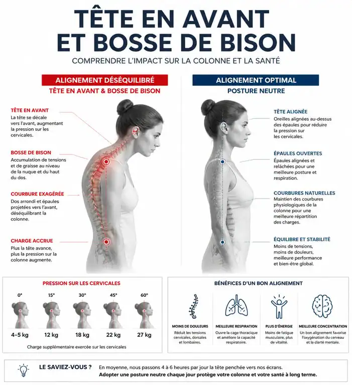 Schéma comparatif de la posture de la tête en avant et de l'alignement cervical pour corriger la bosse de bison