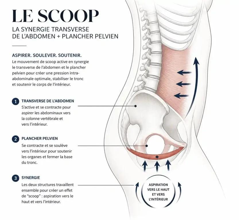 Schéma explicatif du mouvement de scoop en kinésithérapie périnéale pour la rééducation du plancher pelvien