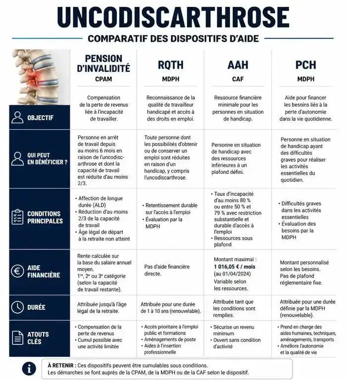 Tableau comparatif des dispositifs d'invalidité et d'aide pour l'uncodiscarthrose : CPAM et MDPH