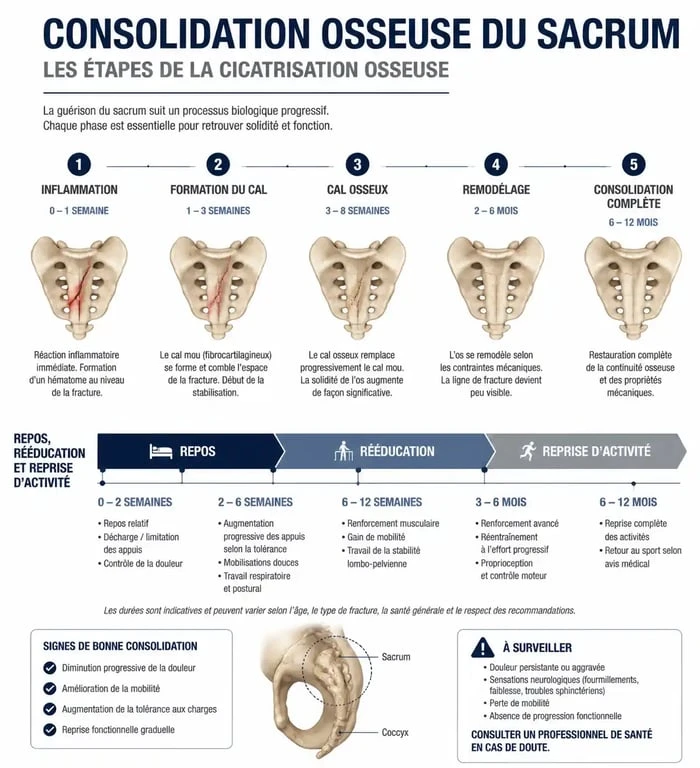 Infographie sur la durée de consolidation d'une fracture du sacrum et les étapes de guérison