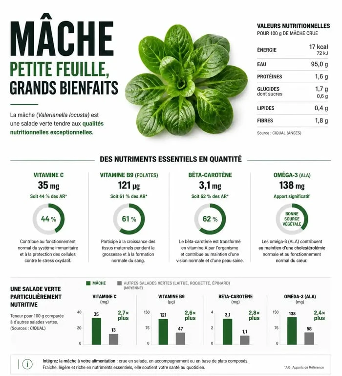 Infographie des bienfaits nutritionnels de la mâche : vitamines et minéraux