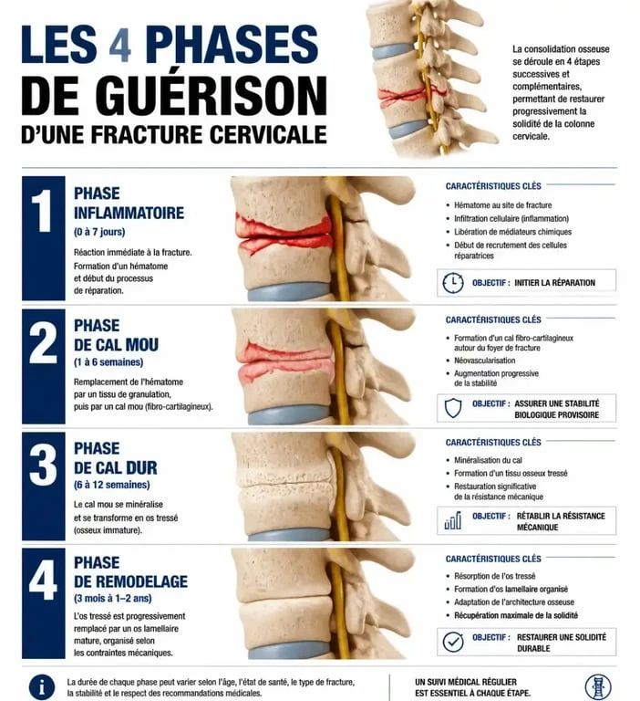 Infographie des étapes de guérison d'une fracture cervicale et temps de consolidation osseuse