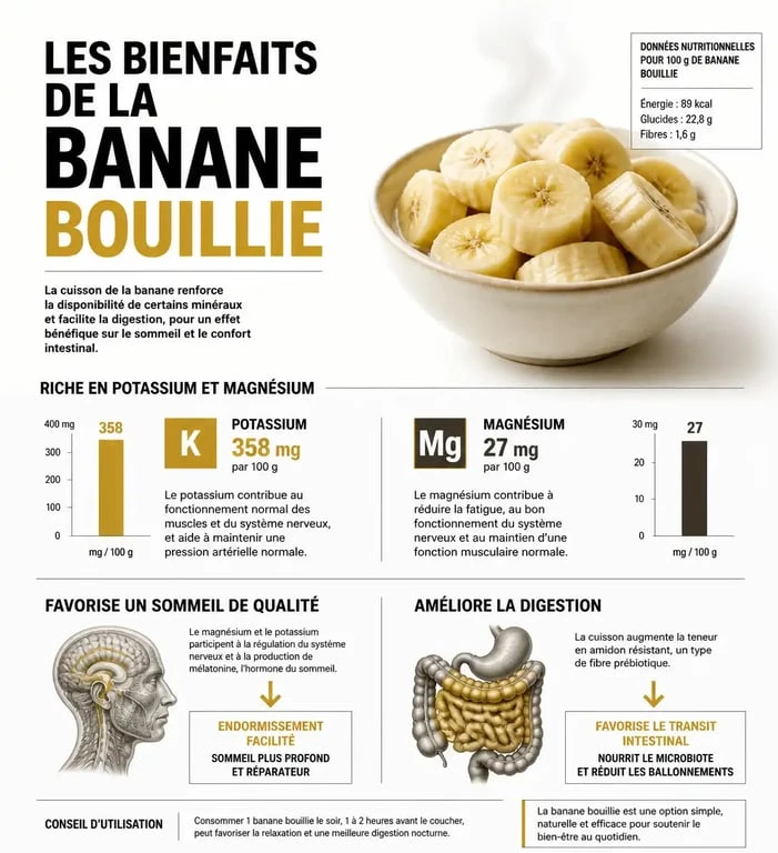 Infographie des bienfaits santé de la banane bouillie et ses apports nutritionnels