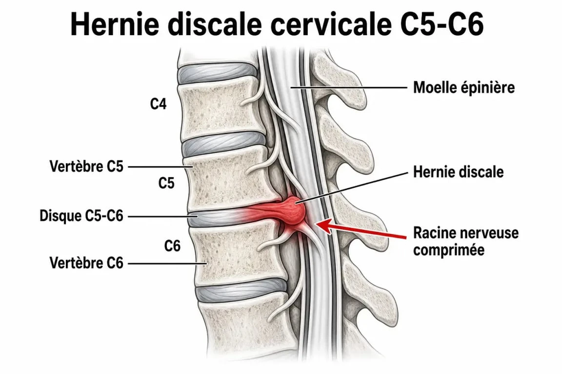 Schéma anatomique d'une hernie cervicale C5-C6 provoquant une invalidité