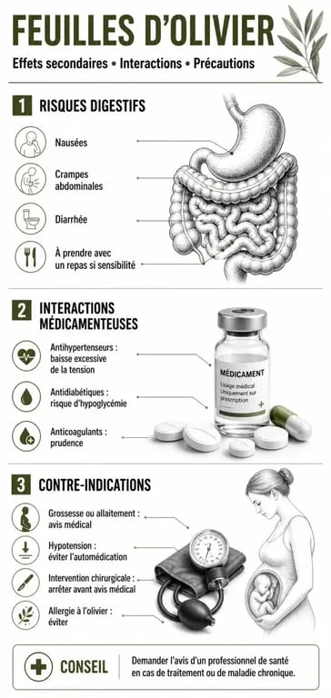 Infographie des effets secondaires et précautions des feuilles d'olivier