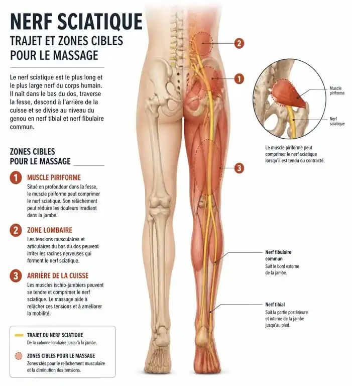 Schéma anatomique du trajet du nerf sciatique et zones cibles pour le massage du nerf sciatique