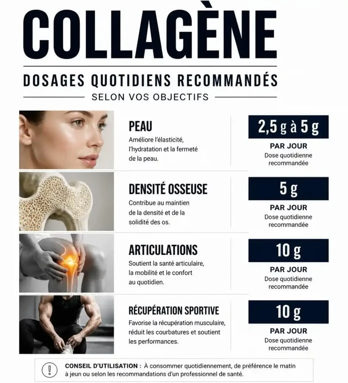 Infographie des dosages recommandés de collagène par jour selon les objectifs de santé : peau, articulations et os.
