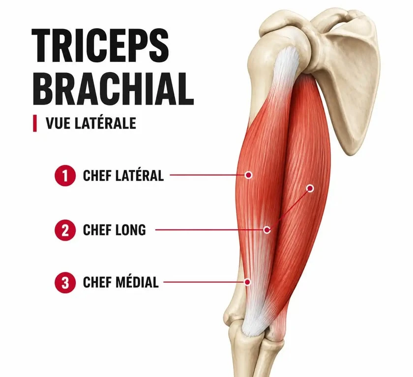 Schéma anatomique du triceps brachial pour comprendre comment muscler le dessous des bras