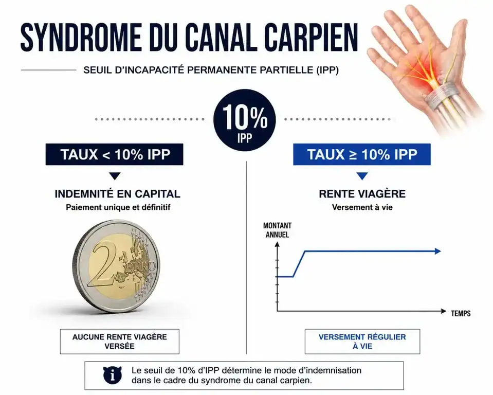 Infographie sur le taux IPP et l'indemnisation du canal carpien : capital ou rente