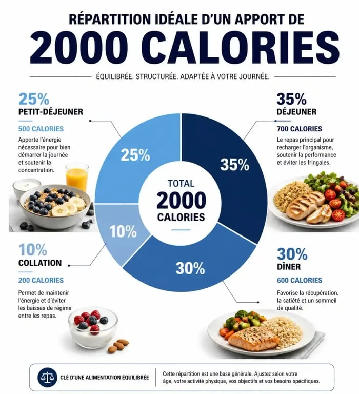 Infographie de la répartition des 2000 calories par jour pour une alimentation équilibrée