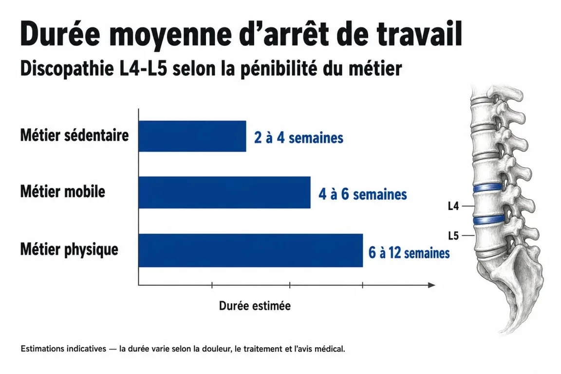 Infographie sur la durée moyenne d'un arrêt de travail pour discopathie L4-L5 selon le type de métier.