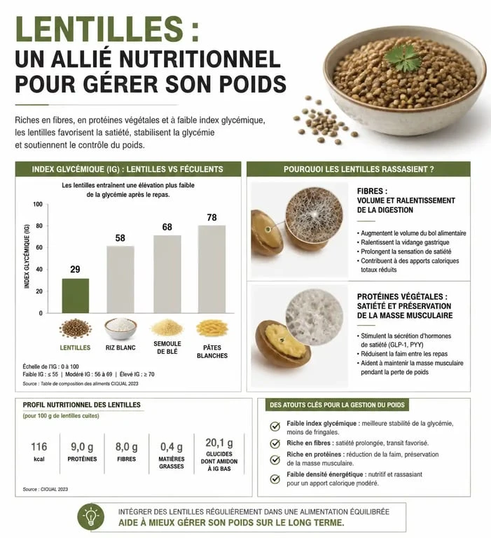 Infographie sur les bienfaits des lentilles pour la perte de poids et la satiété