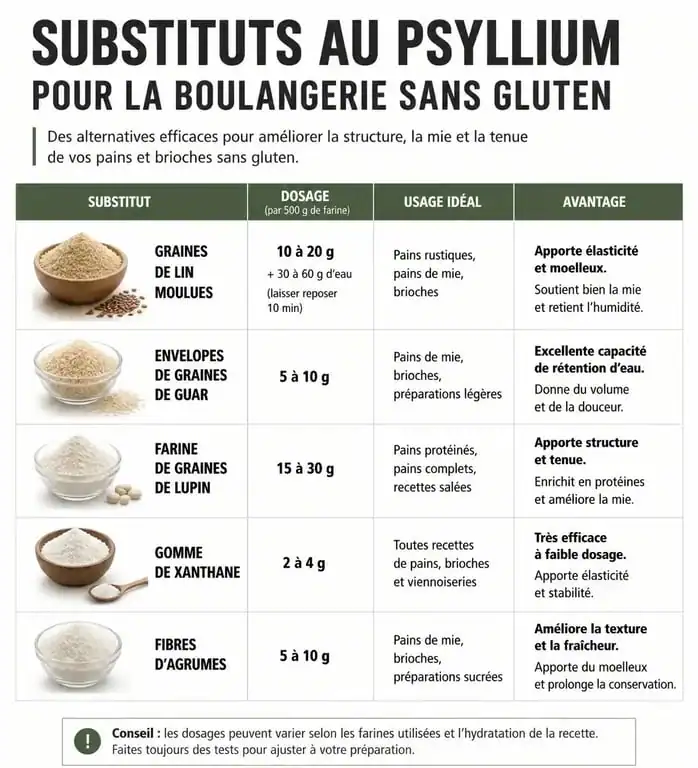 Tableau comparatif des meilleures alternatives au psyllium pour la cuisine sans gluten