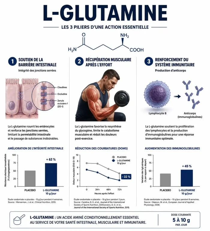 Infographie des bienfaits de la L-glutamine en poudre sur la santé intestinale, musculaire et immunitaire