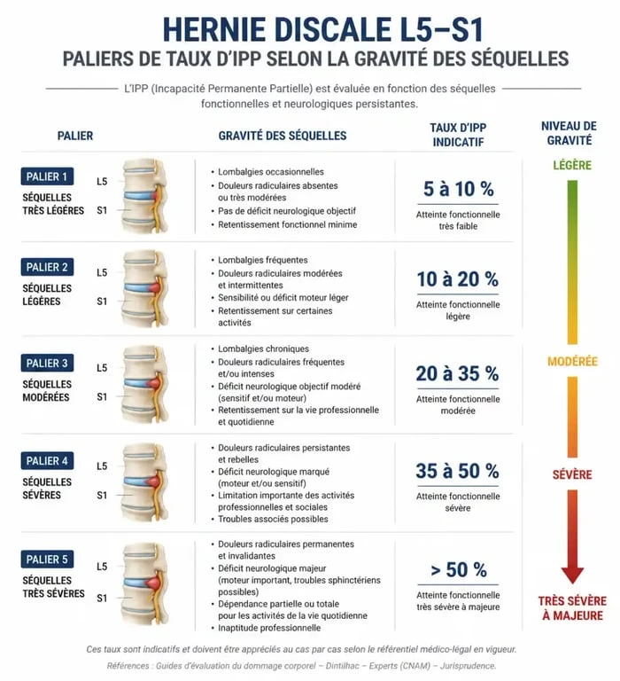Infographie des taux d'IPP pour hernie discale L5 S1 selon la gravité des séquelles