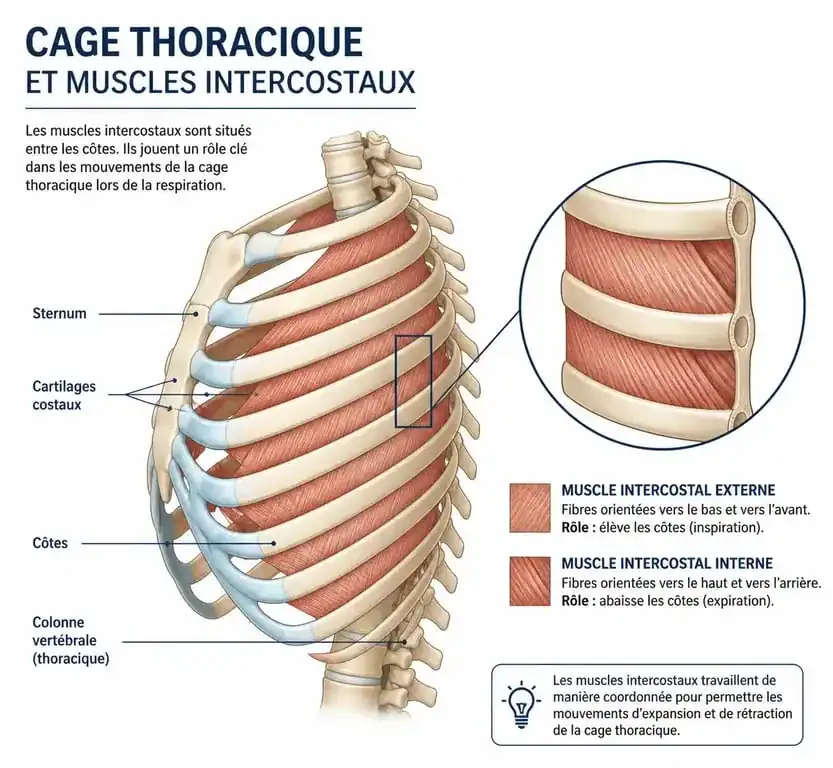 Schéma anatomique illustrant la douleur intercostale liée à la toux