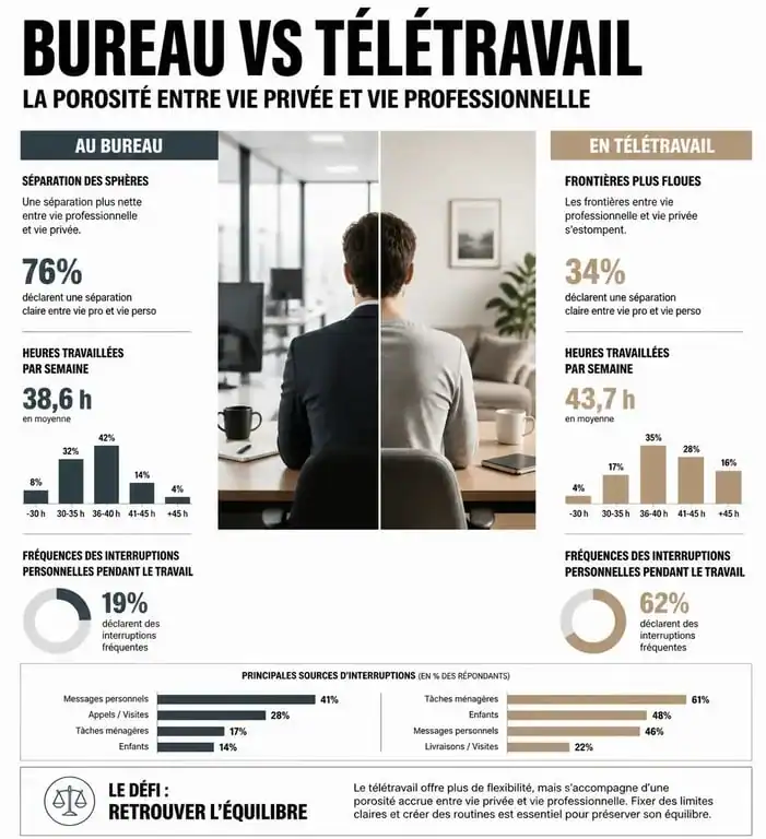 Infographie comparative des risques de burn-out en télétravail versus présentiel