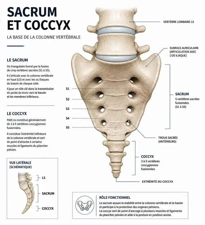 Schéma anatomique du sacrum et du coccyx pour comprendre les douleurs au bas du dos