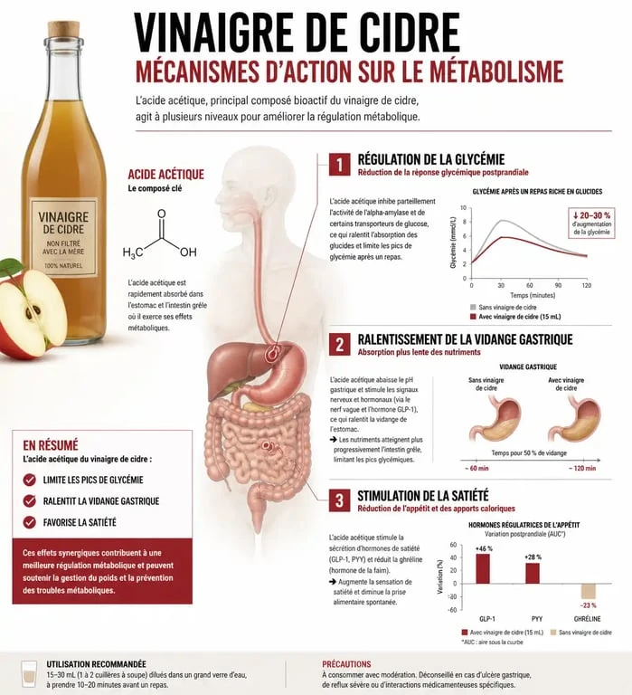 Infographie des bienfaits du vinaigre de cidre pour la perte de poids et la régulation métabolique