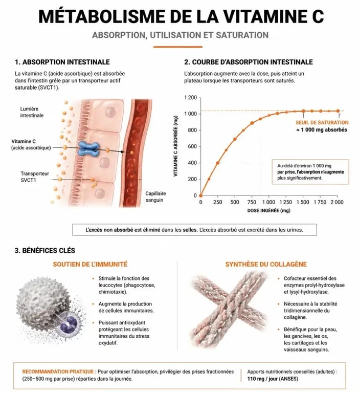 Infographie sur les bénéfices et l'absorption de 1g de vitamine C par jour pour la santé.
