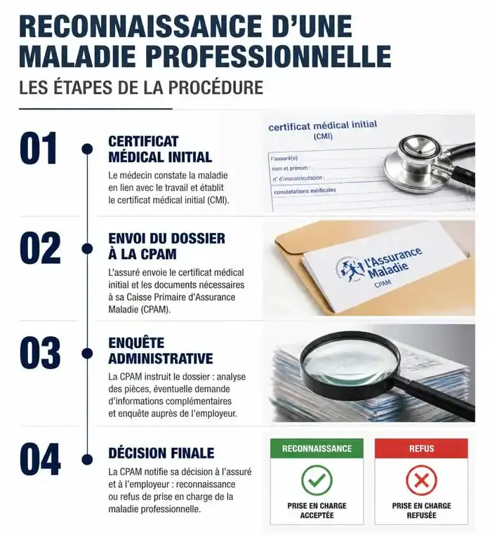 Étapes de la procédure de reconnaissance de la discopathie en maladie professionnelle