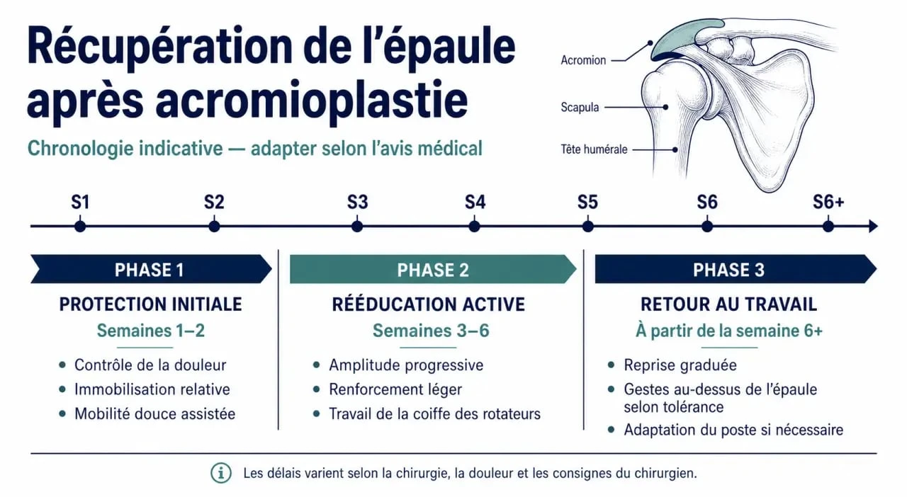 Infographie des étapes de récupération et de reprise du travail après une acromioplastie de l'épaule