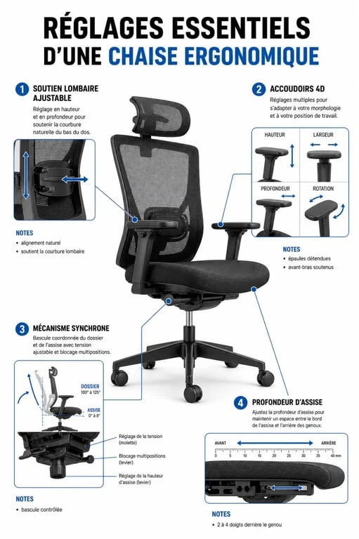 Schéma des réglages d'une top chaise ergonomique pour une posture de travail saine