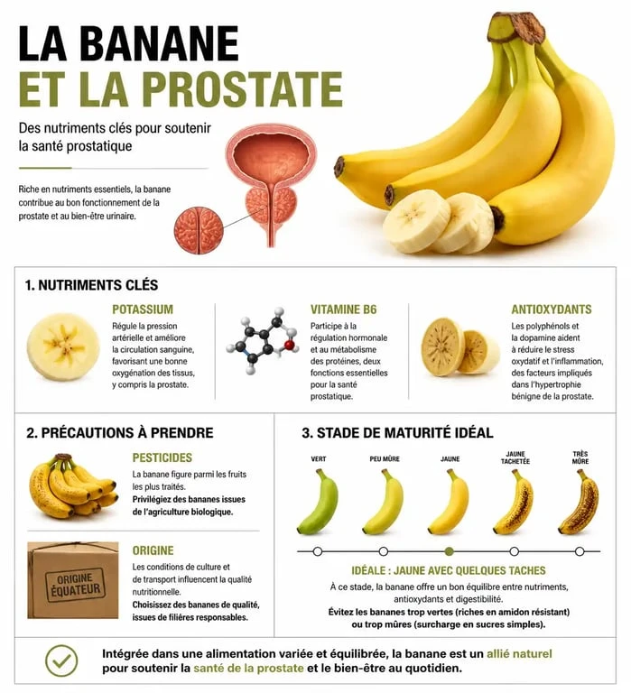 Infographie sur les bienfaits de la banane pour la santé de la prostate et les précautions à prendre.