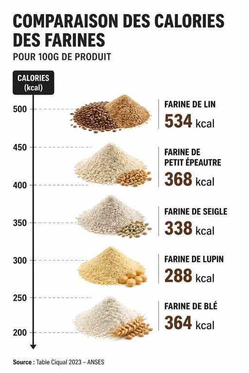 Infographie comparative des calories et de l'indice glycémique des différentes farines pour choisir la farine la moins calorique